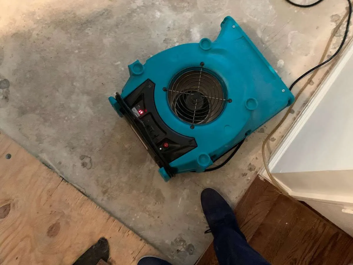 Air mover drying subfloor during Commercial Water Damage Restoration in Perry